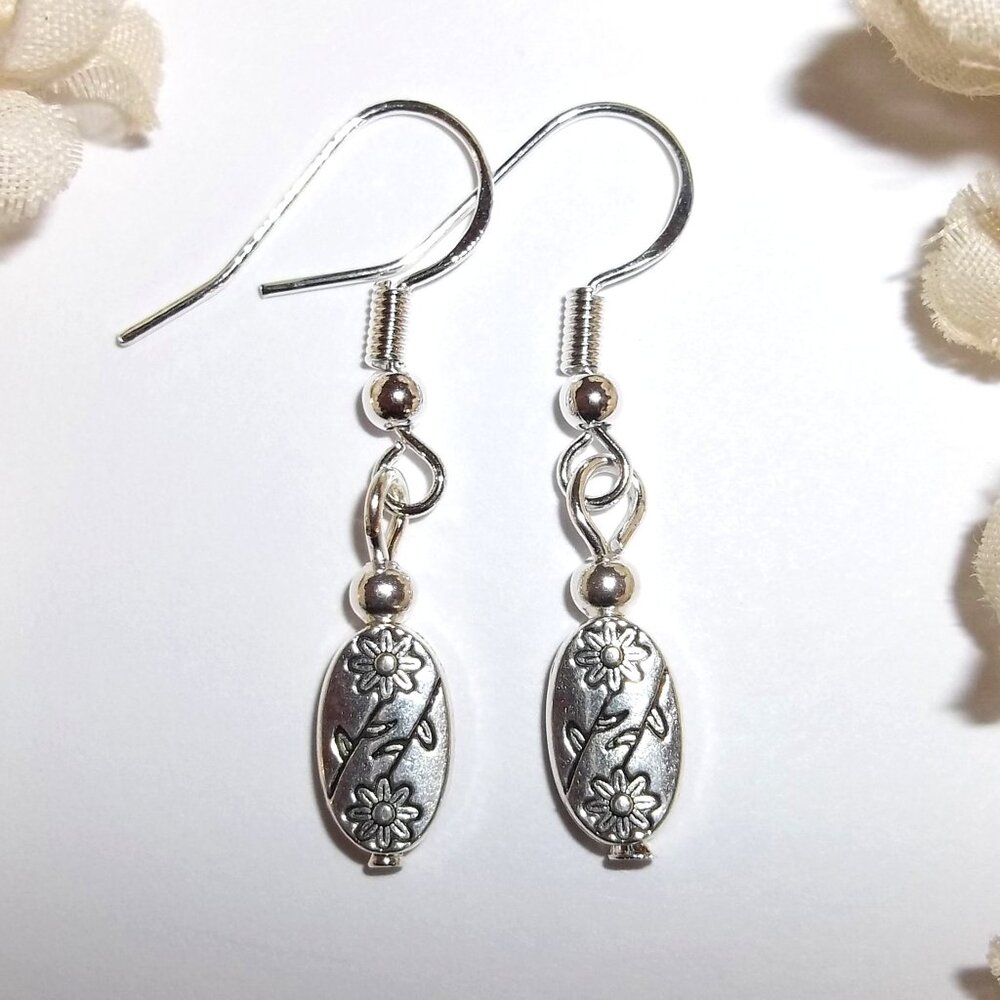 Silver Minimalist Oval Flower Earrings Dangle Drop Jewelry Set Gift Idea C762